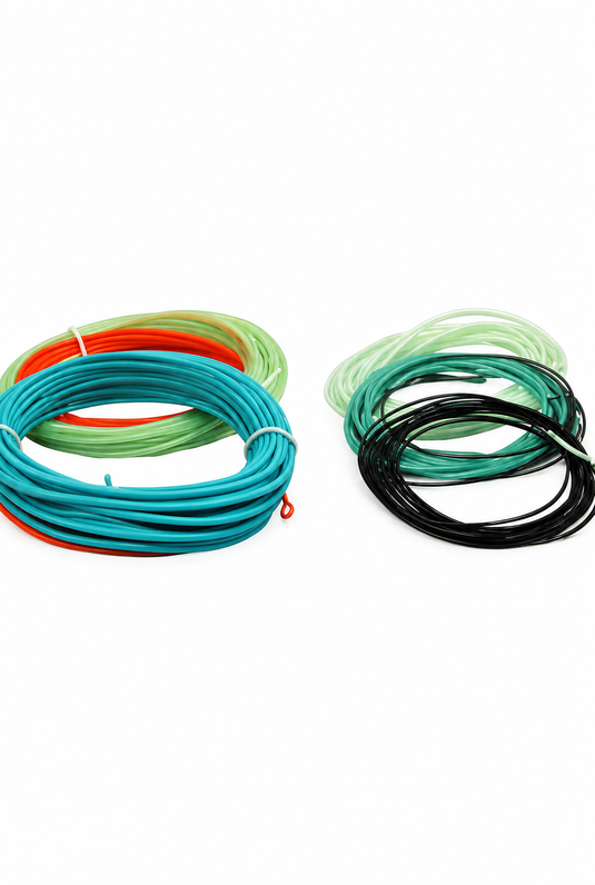 Coiled fly line assortments in teal, blue, orange, and green with black strand