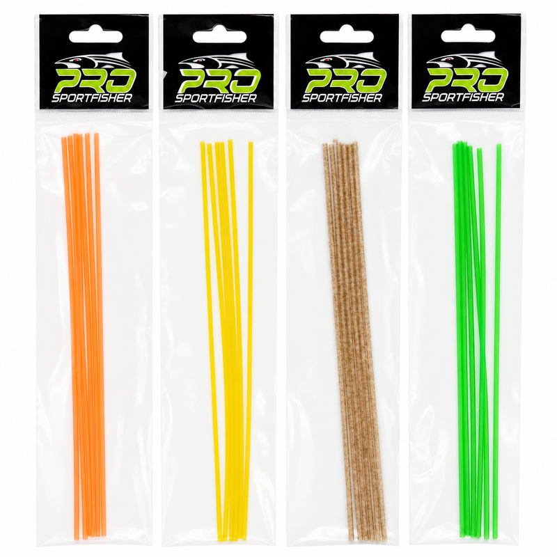 Load image into Gallery viewer, Fishing lure tube packs showing orange, yellow, brown glitter, and green tube strands
