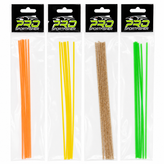 Fishing lure tube packs showing orange, yellow, brown glitter, and green tube strands