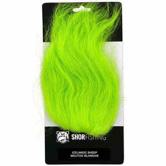 Icelandic sheep hair tuft in chartreuse on retail card