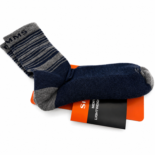 Lightweight merino hiker socks, navy and gray striped cuffs, cushioned sole