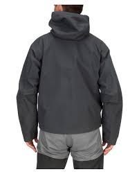 Men's dark hooded jacket back view with gathered hem