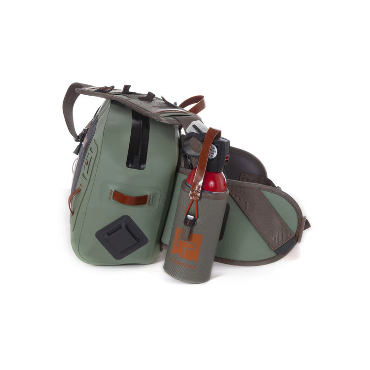 Load image into Gallery viewer, Green submersible lumbar pack with front pouch, bottle holder, and shoulder strap.
