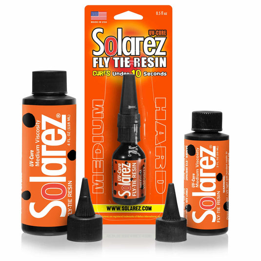 UV cure resin medium bottles with orange label, black caps, and two black tips
