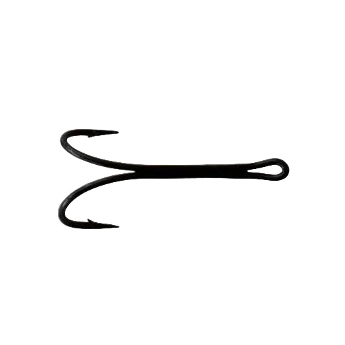 Mustad double hook fishing hook, dark metal with two curved barbs