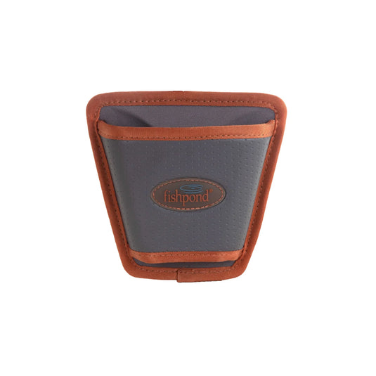 Fishpond net holster with gray net pocket and brown trim, Fishpond logo patch