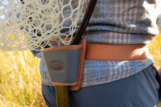 Fishpond net holster on belt with gray pocket and brown-orange trim, Fishpond logo