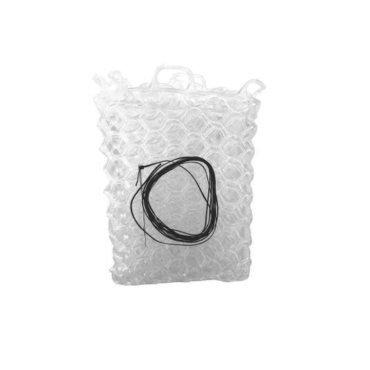 Clear mesh pouch with black drawstring cord, 12.5 in