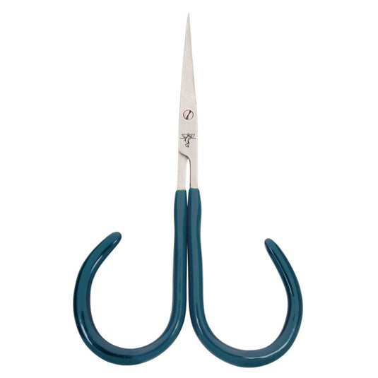 Open loop scissors with teal handles and silver blades