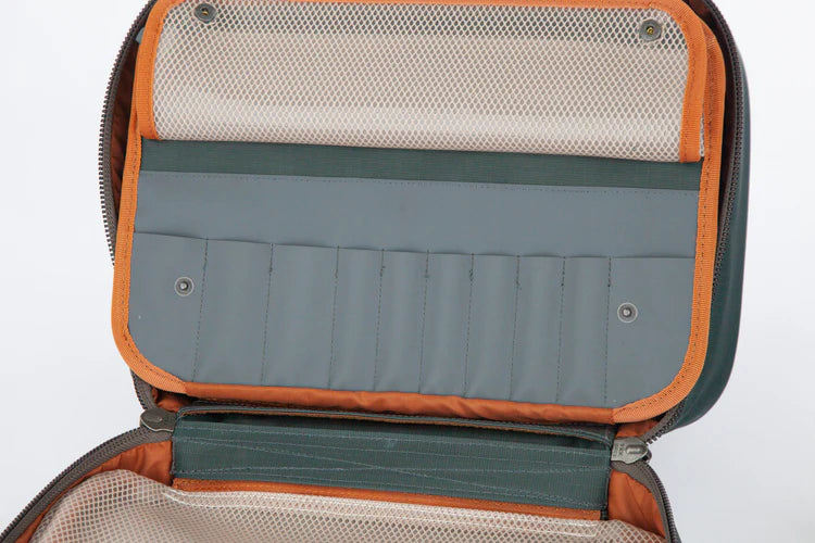 Load image into Gallery viewer, Open orange-trim fly tying kit bag showing mesh lid and multiple elastic slots
