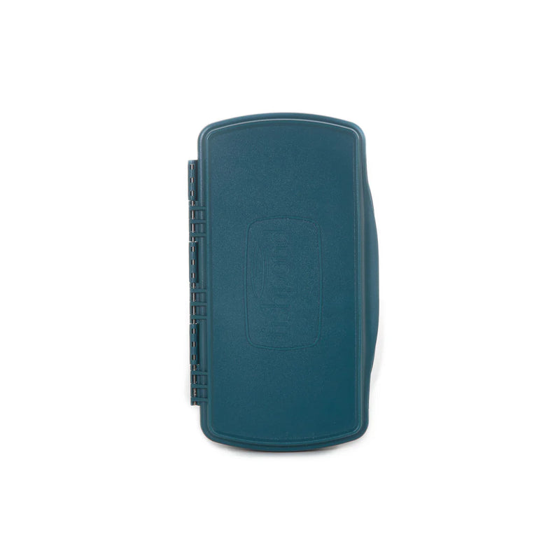Load image into Gallery viewer, Teal fly box closed, side view with locking latch
