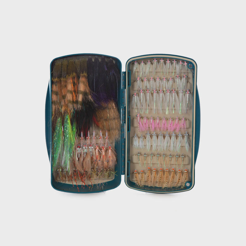 Load image into Gallery viewer, Teal fly box open, showing foam rows with assorted flies in both compartments

