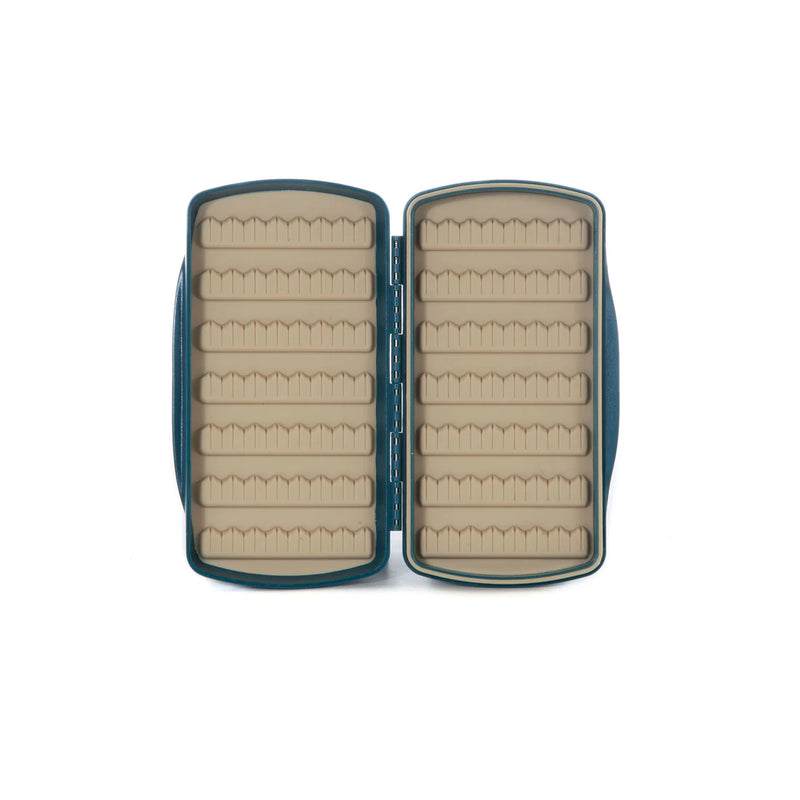 Load image into Gallery viewer, Teal fly box open with beige foam rows across two panels
