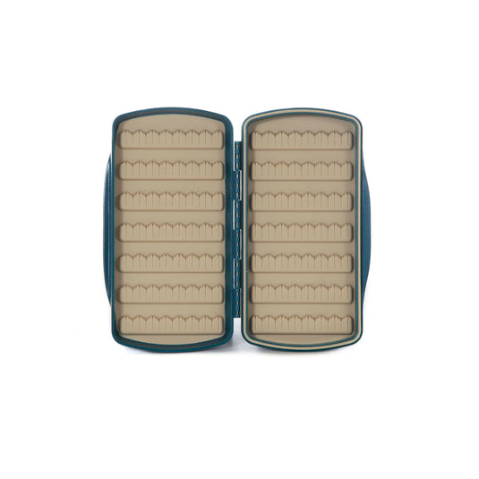 Teal fly box open with beige foam rows across two panels