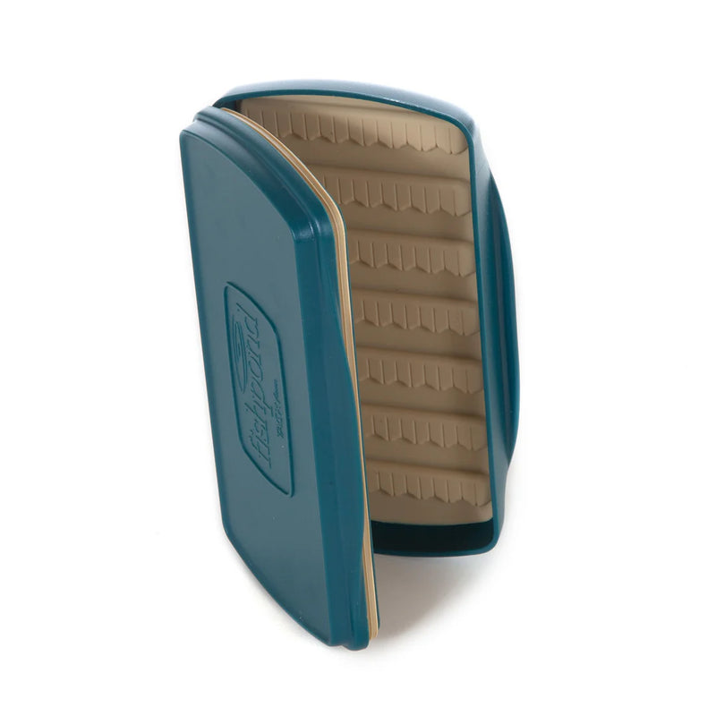Load image into Gallery viewer, Teal fly box with one side open, beige foam insert panels
