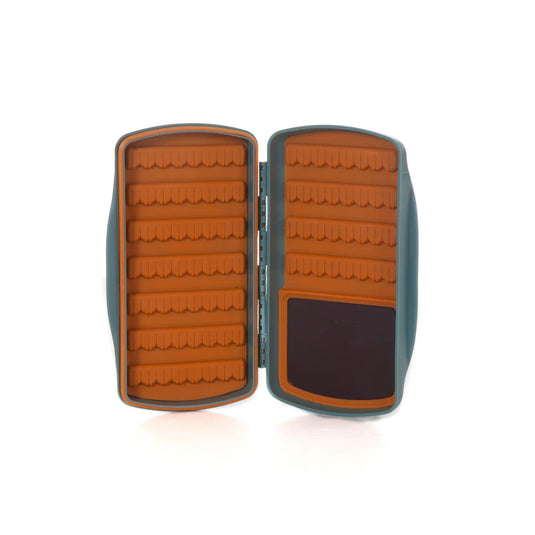 Fly fishing lure storage case, teal with orange insert panels and a dark side patch