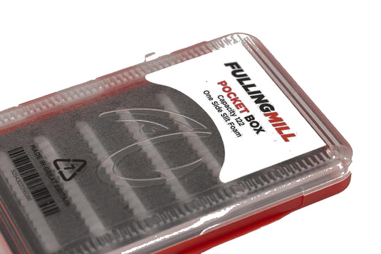 Pocket box with clear lid, dark gray insert, blue-accented label