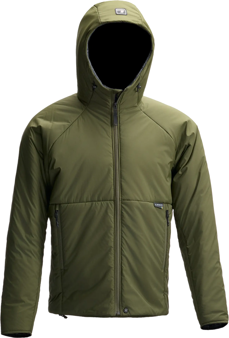 Load image into Gallery viewer, Loop Onka Jacket 2.0 olive-green hooded zip puffer jacket, front view
