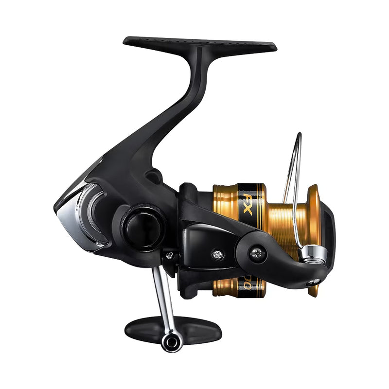 Load image into Gallery viewer, Spinning reel side view with black handle, gold spool, and silver bail wire
