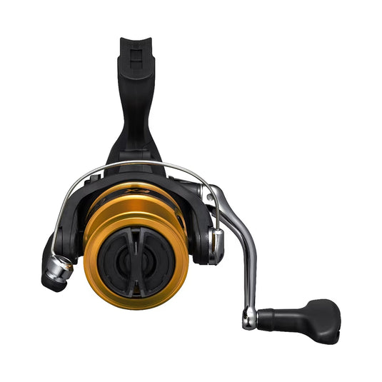Spinning reel front view with gold spool, black bail, and folding crank handle
