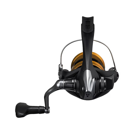 Spinning reel angled rear view with black handle, gold spool, and silver bail wire