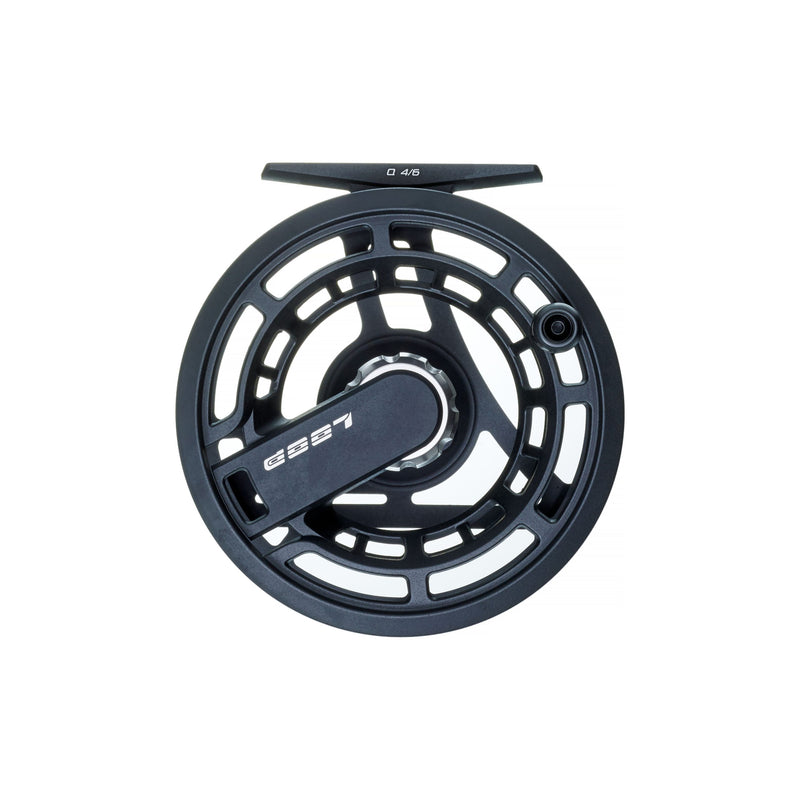 Load image into Gallery viewer, Fishing reel with dark frame, black spool center and side crank handle.
