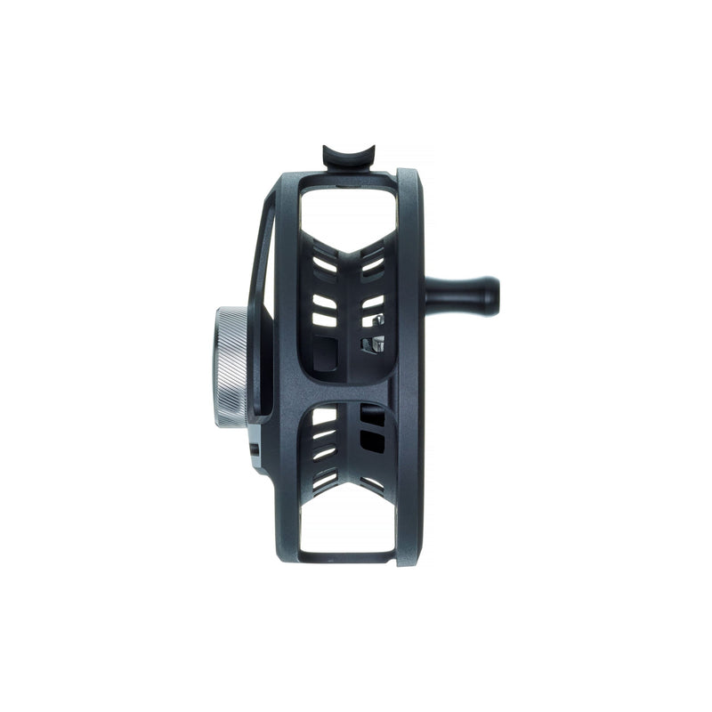 Load image into Gallery viewer, Fishing reel side view, dark housing with crank handle and textured knob.
