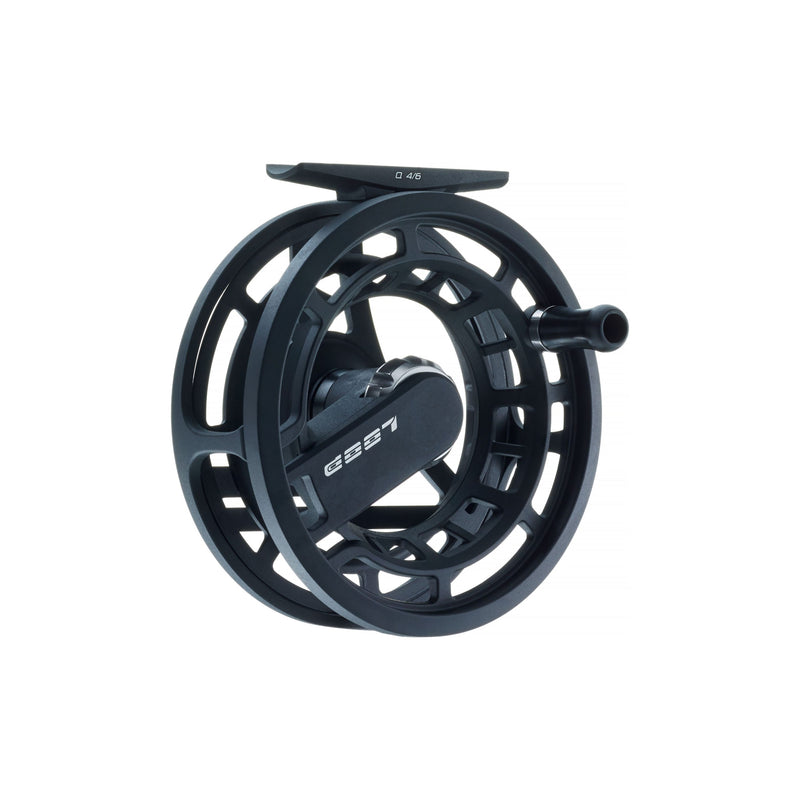 Load image into Gallery viewer, Fishing reel angled view with dark frame, inner ring and right-side handle.
