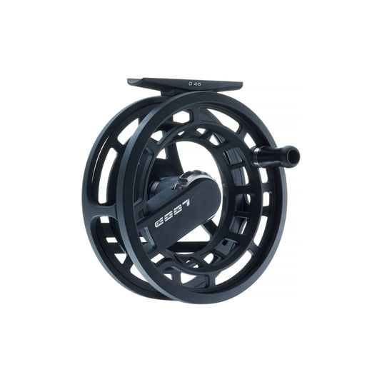 Fishing reel angled view with dark frame, inner ring and right-side handle.