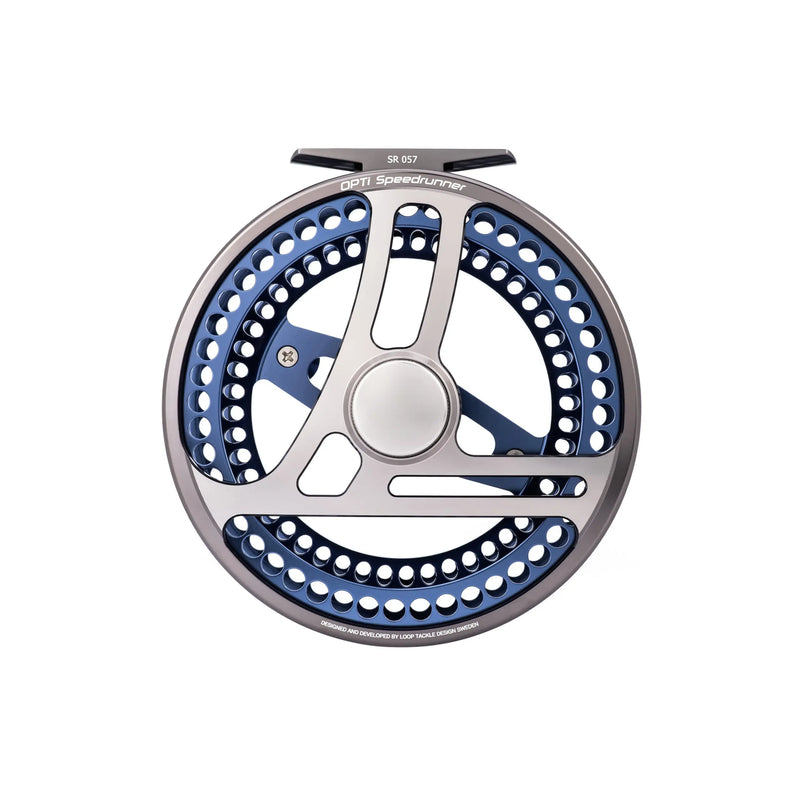 Load image into Gallery viewer, Fishing reel, blue and silver with perforated rim and central spindle
