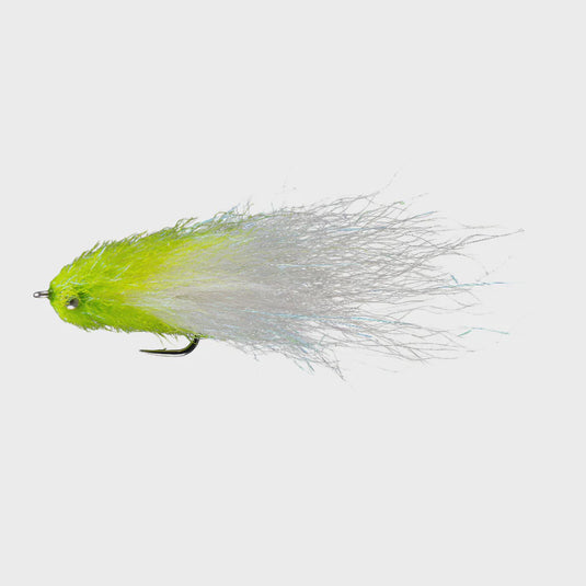 Fishing lure with chartreuse head, white body, and long hackle fibers