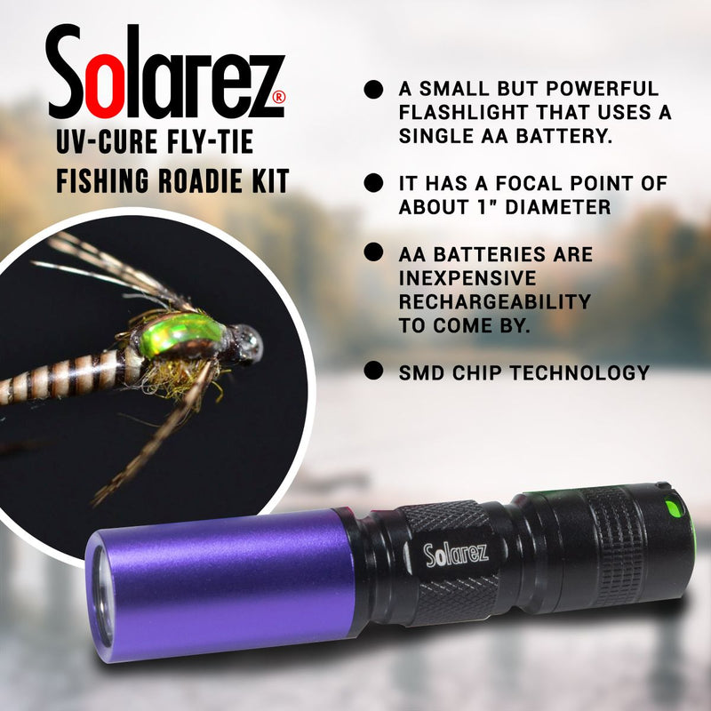 Load image into Gallery viewer, Solarez UV flashlight with purple tube, with fly-tie detail shown in a circular inset
