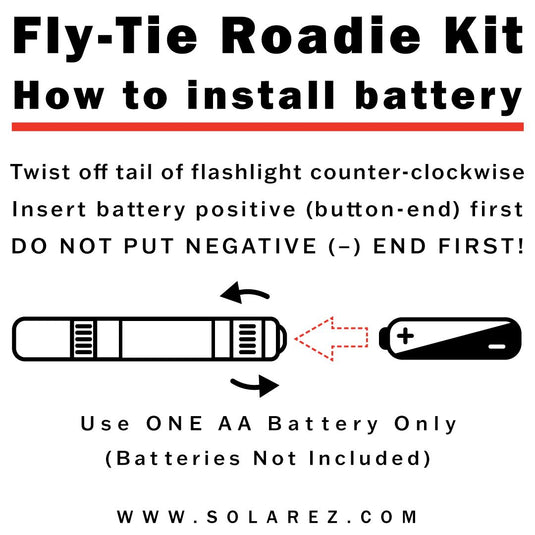 Fly-tie Roadie kit battery installation instructions with diagram and plus symbol