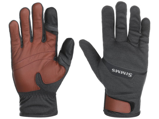 Wool flex gloves in brown and dark gray, Simms logo on back, stitched fingers
