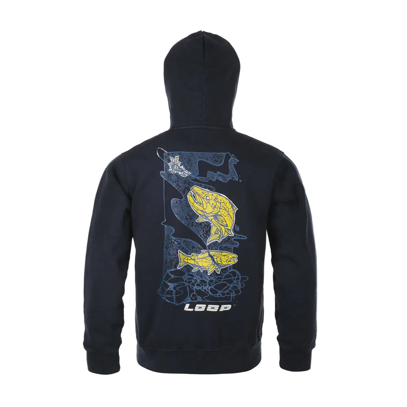 Load image into Gallery viewer, Men's logo hoodie, dark fabric, back graphic of fish and text

