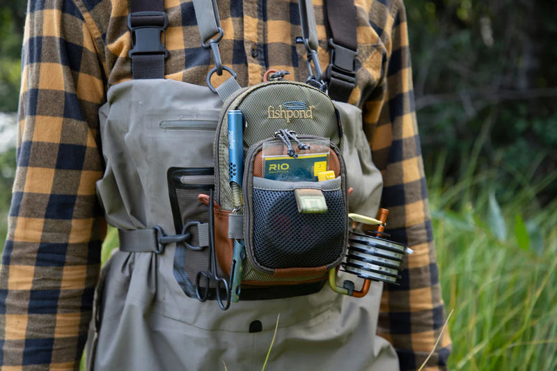 Load image into Gallery viewer, Fishpond San Juan vertical chest pack with gray mesh front and bottle holder on side
