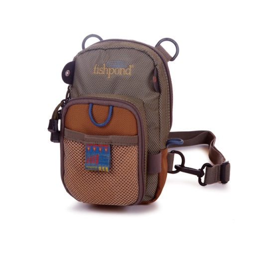 Fishpond San Juan vertical chest pack in saddle brown with orange front pocket and strap