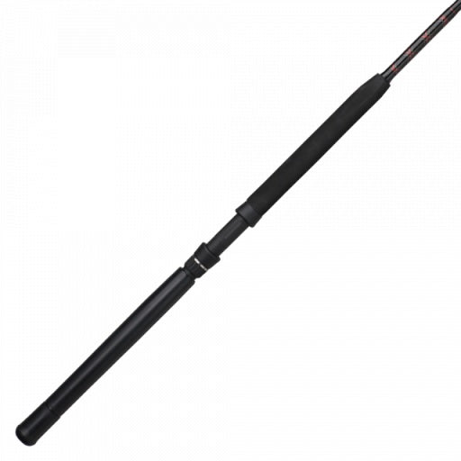 Black conventional fishing rod with segmented sections and EVA grip