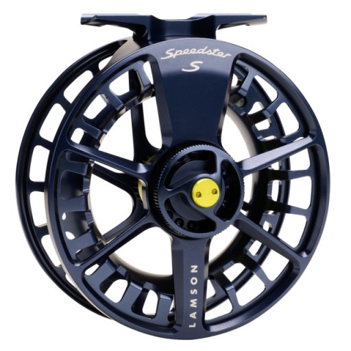 Dark blue fishing reel with Speedster S spool and yellow line port