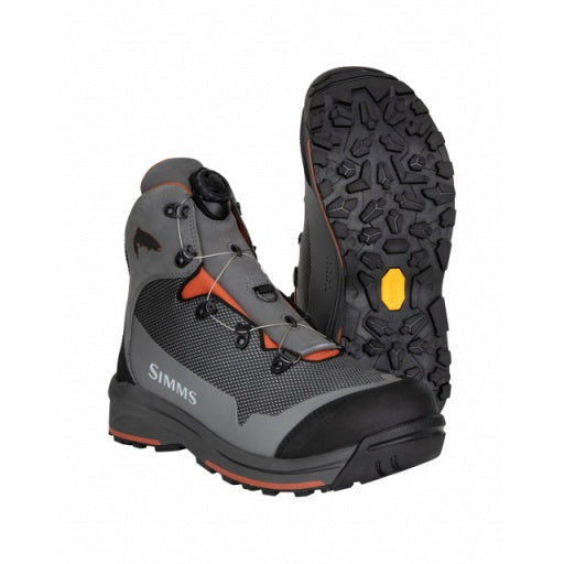 Load image into Gallery viewer, Men's hiking boot with gray upper, black overlays, orange accents, treaded rubber sole
