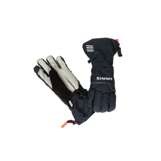 Insulated fishing gloves, dark with gray palm panels and cinch wrist straps