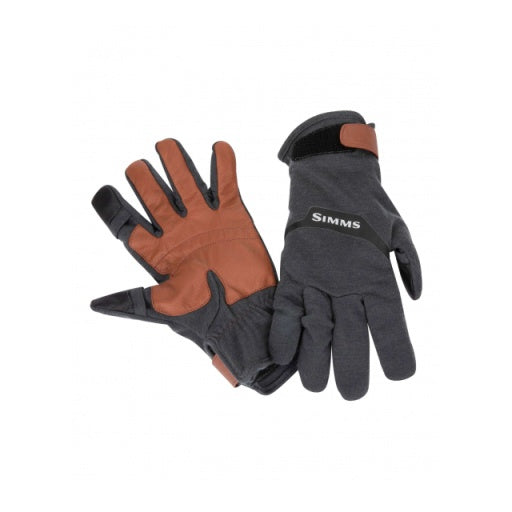 Load image into Gallery viewer, Lightweight wool flex gloves in dark gray and brown with Simms logo, padded palms
