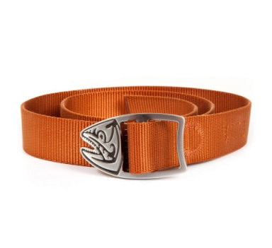 Fishpond Trucha webbing belt in burnt orange with metal logo buckle