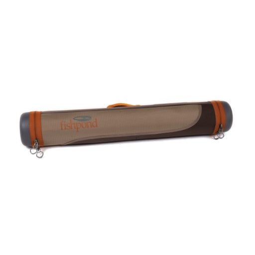Rod tube case with tan fabric, orange trim, zipper and end caps