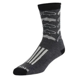 Load image into Gallery viewer, Men's daily sock in black with white fish silhouettes and stripe details, ribbed cuff
