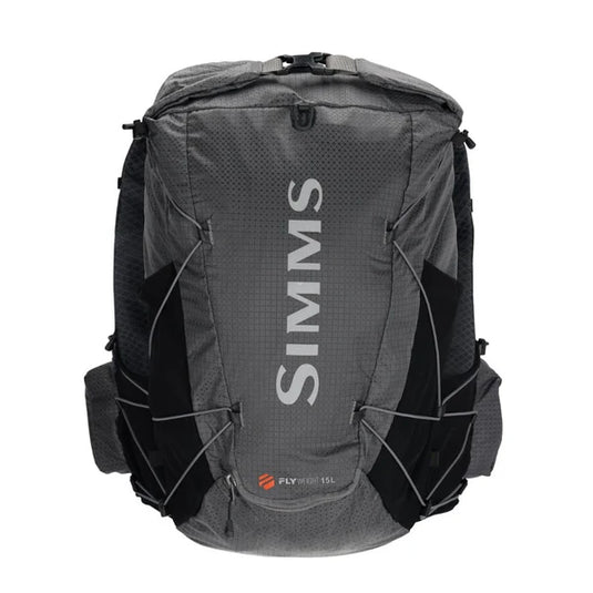Vest pack back with SIMMS logo and adjustable shoulder straps, dark gray