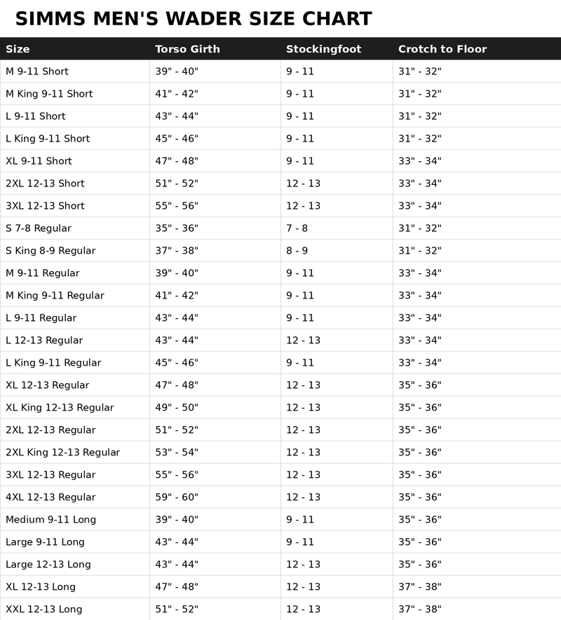Load image into Gallery viewer, Simms Men's Wader size chart table with torso, stockingfoot, and crotch-to-floor measurements
