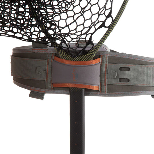 Fishpond South Fork wading belt detail: gray webbing, orange strap, and adjustment tabs