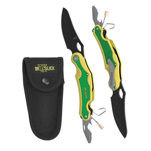 Dr. Slick guide knife with green and black handle, folding blades, includes black sheath
