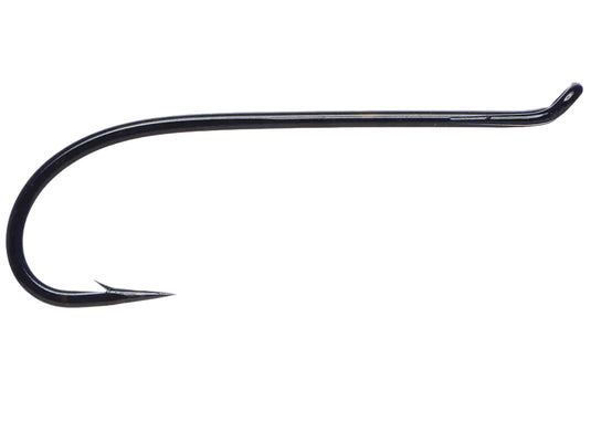 Dark metal fishing hook with curved shank and barbed point
